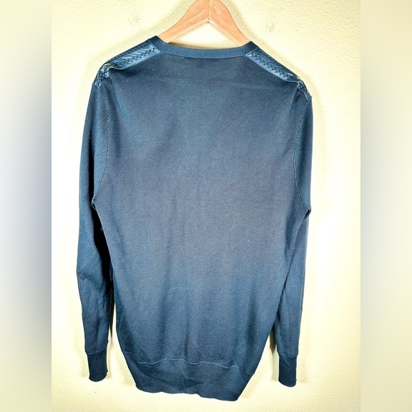 John Varvatos Men's Black Silk V-Neck Knit Cardigan with Leather Trim - Picture 7 of 10